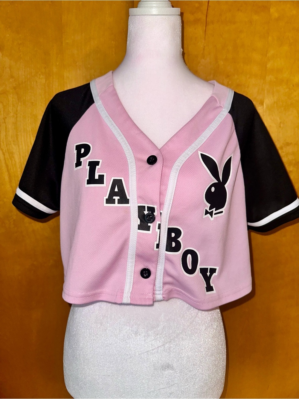 PLAYBOY Pink and Black Baseball Crop Jersey